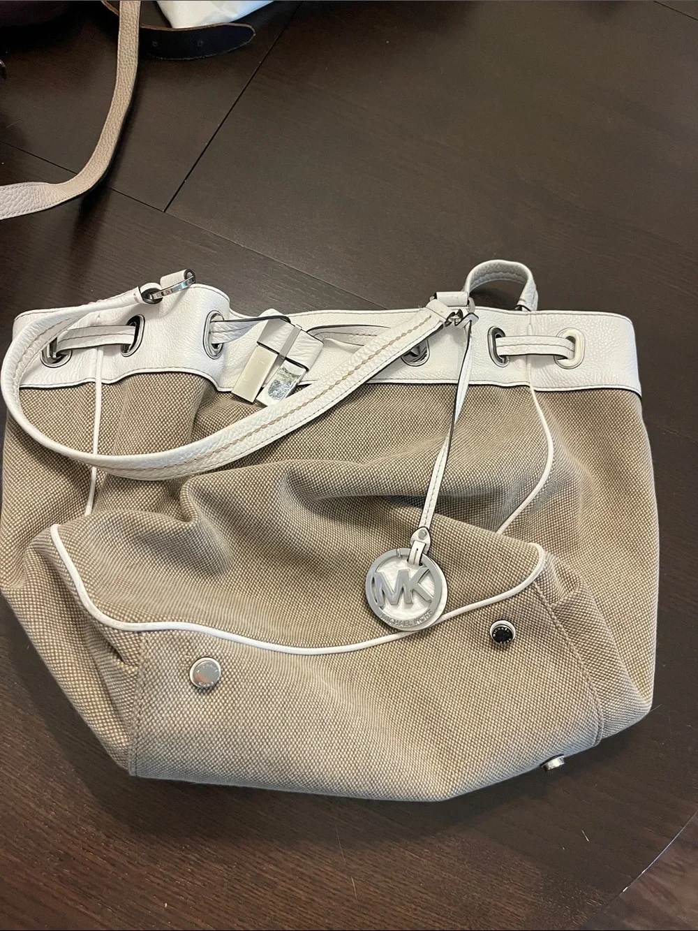 Michael Kors Beige Canvas Shoulder Bag with White Trim